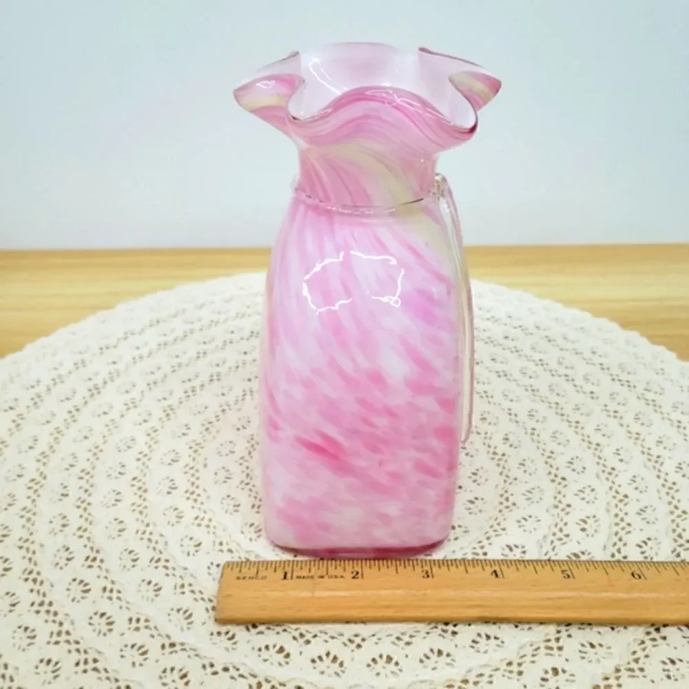 Vintage Murano Style Pink Cased Art Glass Tied Gift Bag Swirl Vase